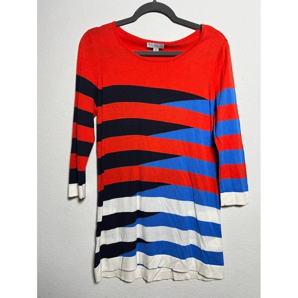 Tribella Tunic Sweater Medium Red Blue Mod Geometric Colorblock 3/4 Sleeve Women